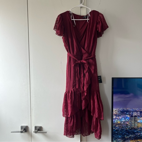 Lulus Burgundy Midi Wrap Dress - Picture 7 of 9